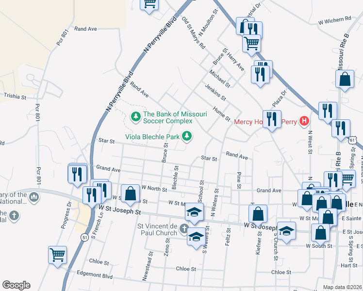 map of restaurants, bars, coffee shops, grocery stores, and more near 1001 Star Street in Perryville