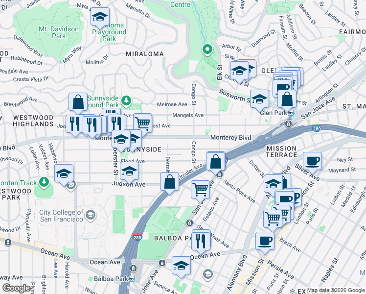 map of restaurants, bars, coffee shops, grocery stores, and more near 238 Hearst Avenue in San Francisco