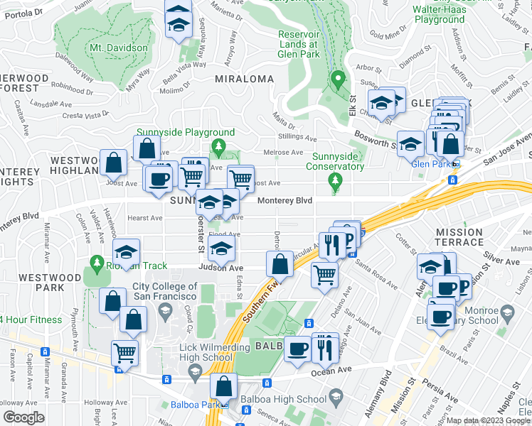 map of restaurants, bars, coffee shops, grocery stores, and more near 326 Hearst Avenue in San Francisco