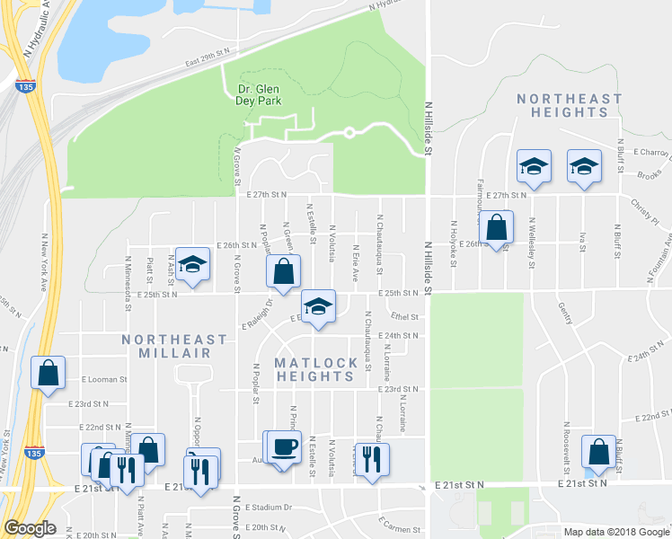 map of restaurants, bars, coffee shops, grocery stores, and more near 2626 Volutsia in Wichita