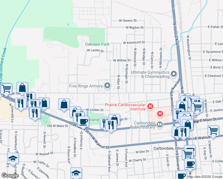 map of restaurants, bars, coffee shops, grocery stores, and more near 503 North Oakland Avenue in Carbondale