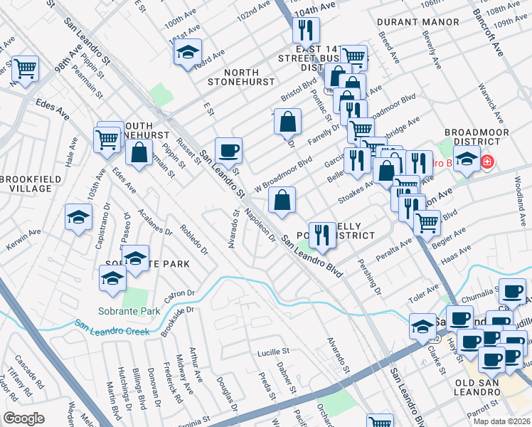 map of restaurants, bars, coffee shops, grocery stores, and more near 250 San Leandro Street in San Leandro