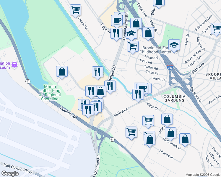 map of restaurants, bars, coffee shops, grocery stores, and more near 200 Hegenberger Road in Oakland