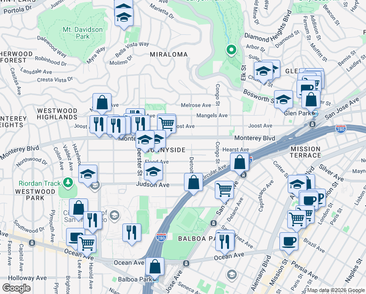 map of restaurants, bars, coffee shops, grocery stores, and more near 330 Hearst Avenue in San Francisco
