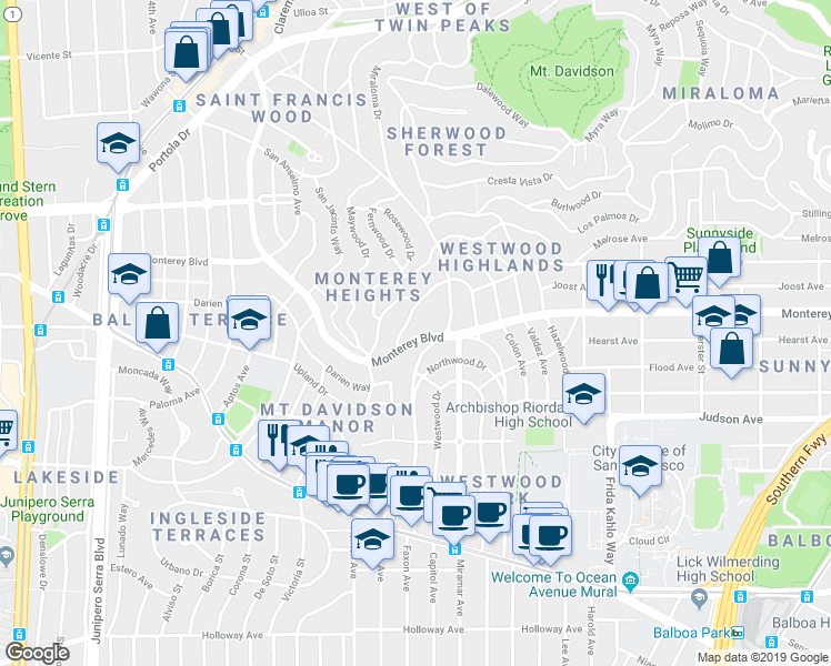map of restaurants, bars, coffee shops, grocery stores, and more near 1050 Monterey Boulevard in San Francisco