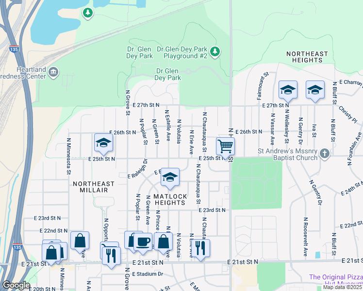 map of restaurants, bars, coffee shops, grocery stores, and more near 2626 North Volutsia in Wichita