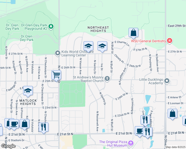 map of restaurants, bars, coffee shops, grocery stores, and more near 2629 Research Place in Wichita