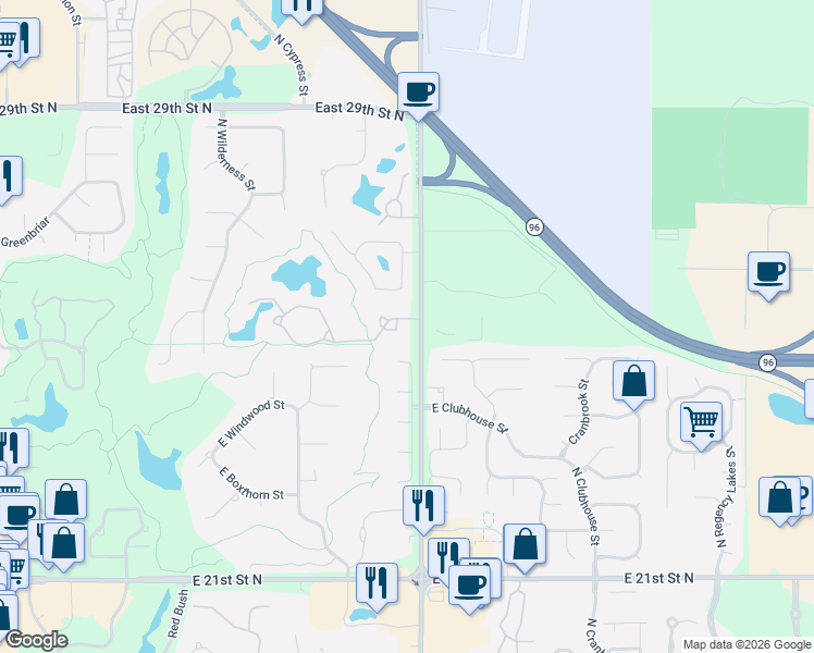 map of restaurants, bars, coffee shops, grocery stores, and more near 9519 East Woodspring Street in Wichita