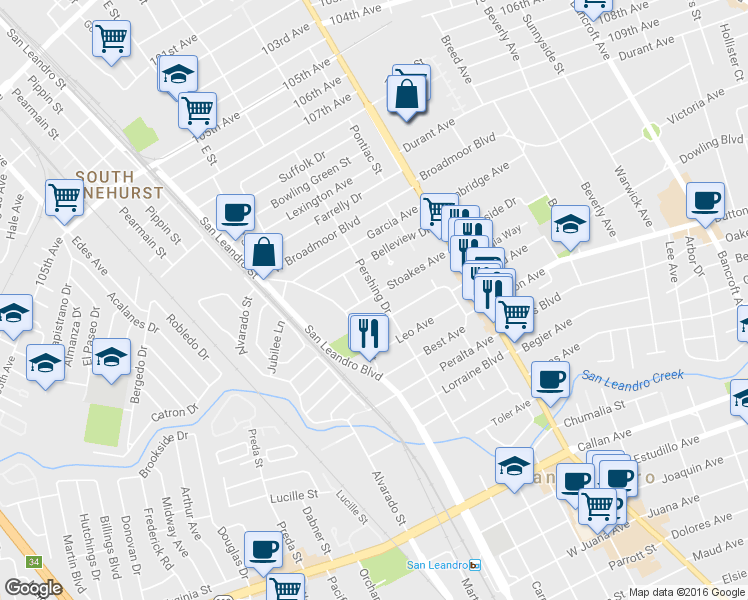map of restaurants, bars, coffee shops, grocery stores, and more near 409 Pershing Drive in San Leandro