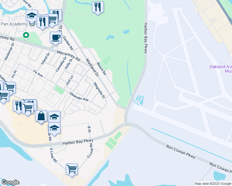map of restaurants, bars, coffee shops, grocery stores, and more near 400 Fairway Place in Alameda