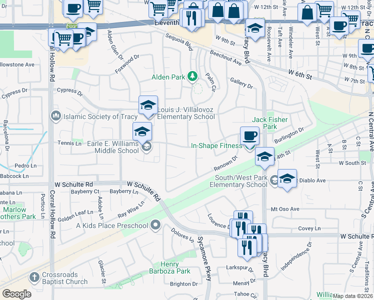map of restaurants, bars, coffee shops, grocery stores, and more near 1380 Tennis Lane in Tracy
