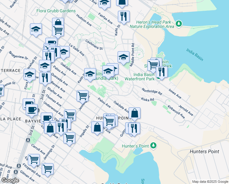 map of restaurants, bars, coffee shops, grocery stores, and more near 25 Whitfield Court in San Francisco