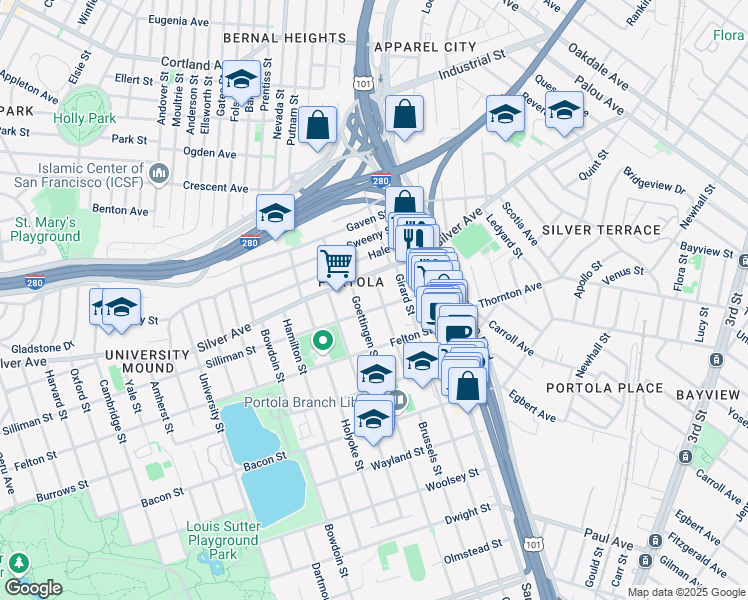 map of restaurants, bars, coffee shops, grocery stores, and more near 212 Silliman Street in San Francisco