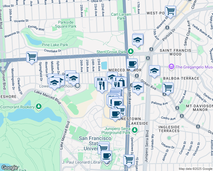 map of restaurants, bars, coffee shops, grocery stores, and more near 475 Eucalyptus Drive in San Francisco