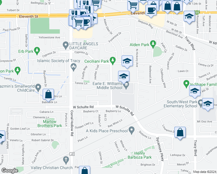 map of restaurants, bars, coffee shops, grocery stores, and more near 210 Thomas Dehaven Lane in Tracy
