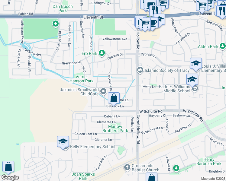 map of restaurants, bars, coffee shops, grocery stores, and more near 266 Barcelona Drive in Tracy