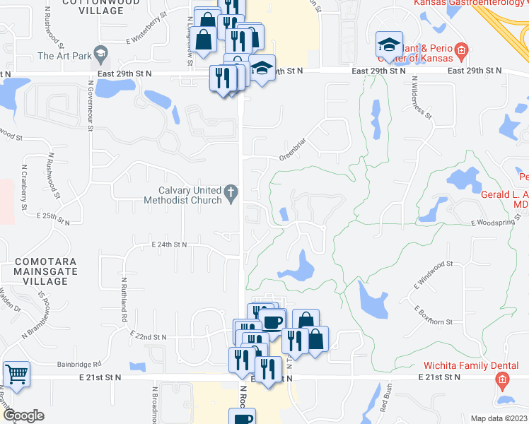 map of restaurants, bars, coffee shops, grocery stores, and more near 2614 North Executive Way in Wichita