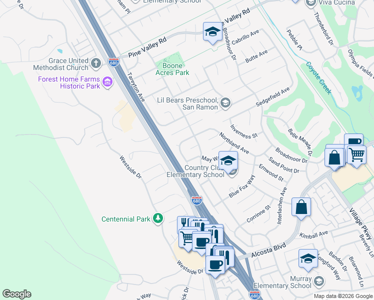 map of restaurants, bars, coffee shops, grocery stores, and more near 320 Ethan Court in San Ramon