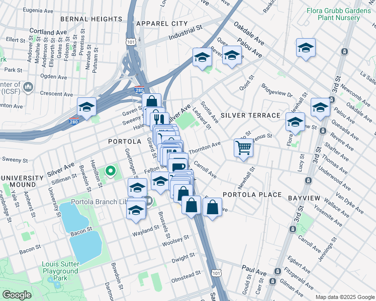 map of restaurants, bars, coffee shops, grocery stores, and more near 748-750 Thornton Avenue in San Francisco