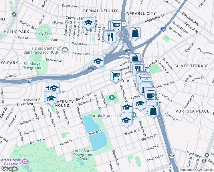 map of restaurants, bars, coffee shops, grocery stores, and more near Silver Avenue & Holyoke Street in San Francisco