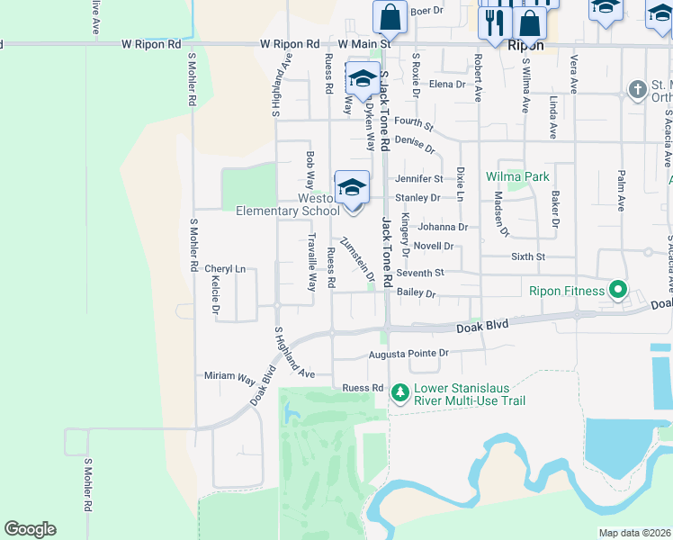 map of restaurants, bars, coffee shops, grocery stores, and more near 938 Ruess Road in Ripon