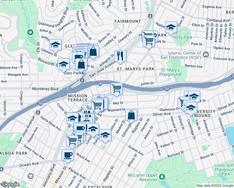 map of restaurants, bars, coffee shops, grocery stores, and more near 4095 Mission Street in San Francisco
