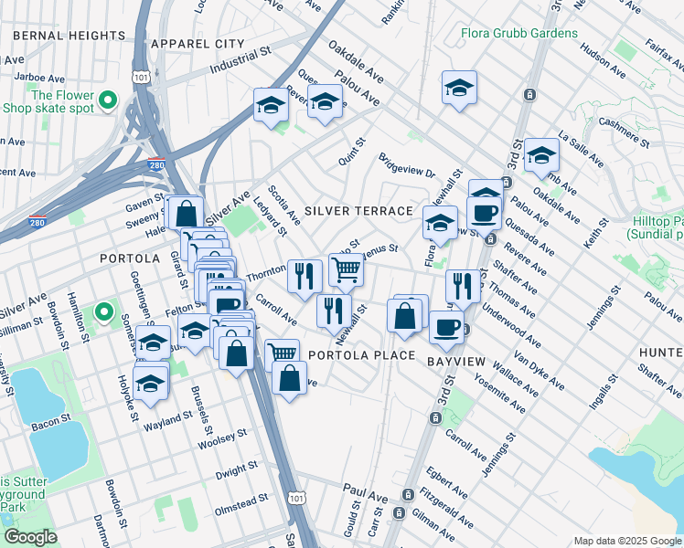 map of restaurants, bars, coffee shops, grocery stores, and more near 143 Apollo Street in San Francisco
