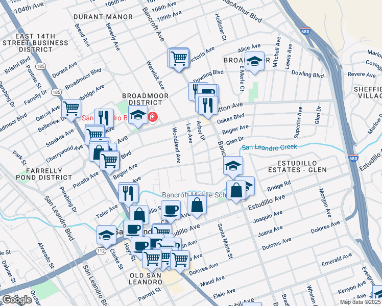 map of restaurants, bars, coffee shops, grocery stores, and more near 811 Lee Avenue in San Leandro
