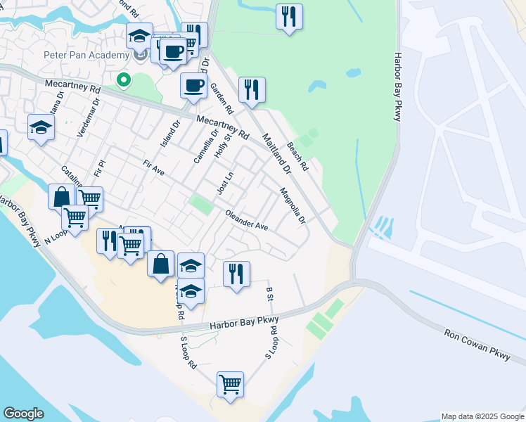 map of restaurants, bars, coffee shops, grocery stores, and more near 1065 Kingston Lane in Alameda