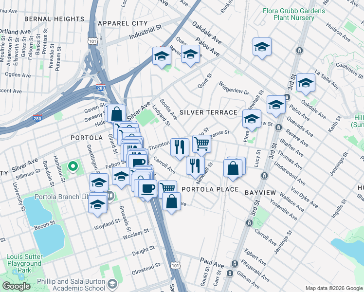 map of restaurants, bars, coffee shops, grocery stores, and more near 45 Vesta Street in San Francisco