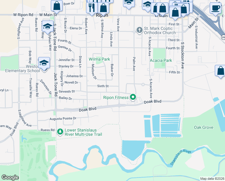 map of restaurants, bars, coffee shops, grocery stores, and more near 939 7th Street in Ripon