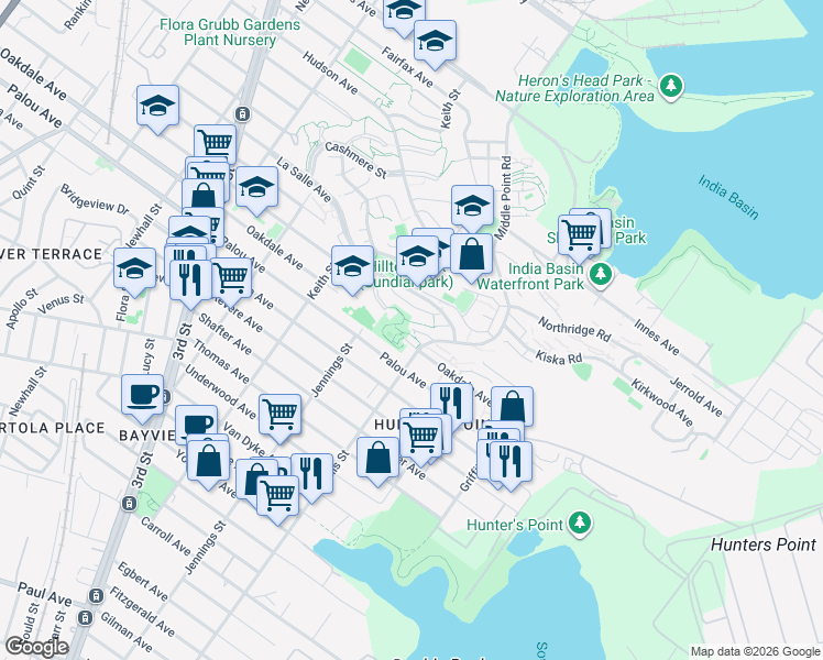 map of restaurants, bars, coffee shops, grocery stores, and more near 99 George Ct in San Francisco