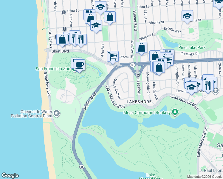 map of restaurants, bars, coffee shops, grocery stores, and more near 281 Lakeshore Drive in San Francisco