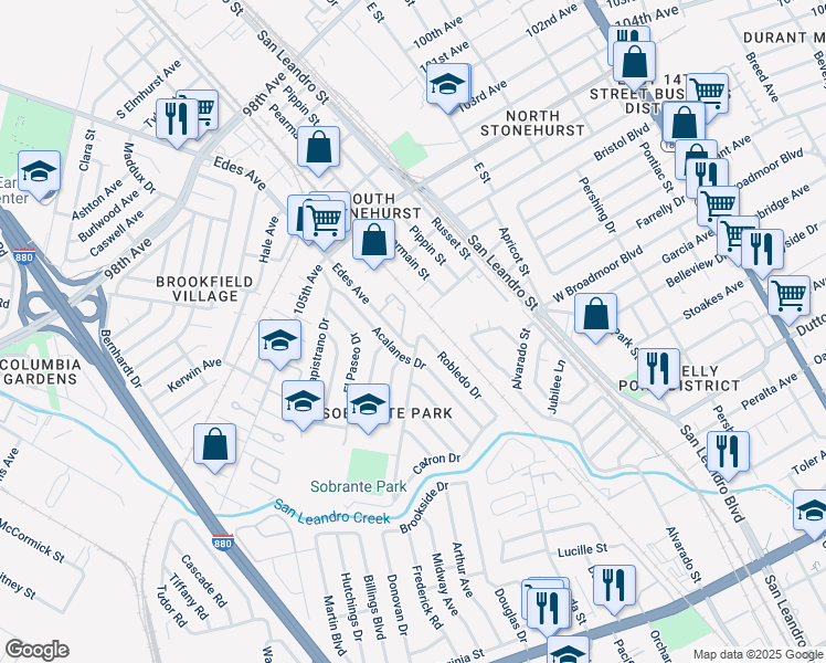map of restaurants, bars, coffee shops, grocery stores, and more near 717 Bergedo Drive in Oakland