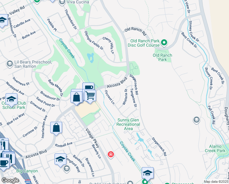 map of restaurants, bars, coffee shops, grocery stores, and more near 165 Dogwood Place in San Ramon