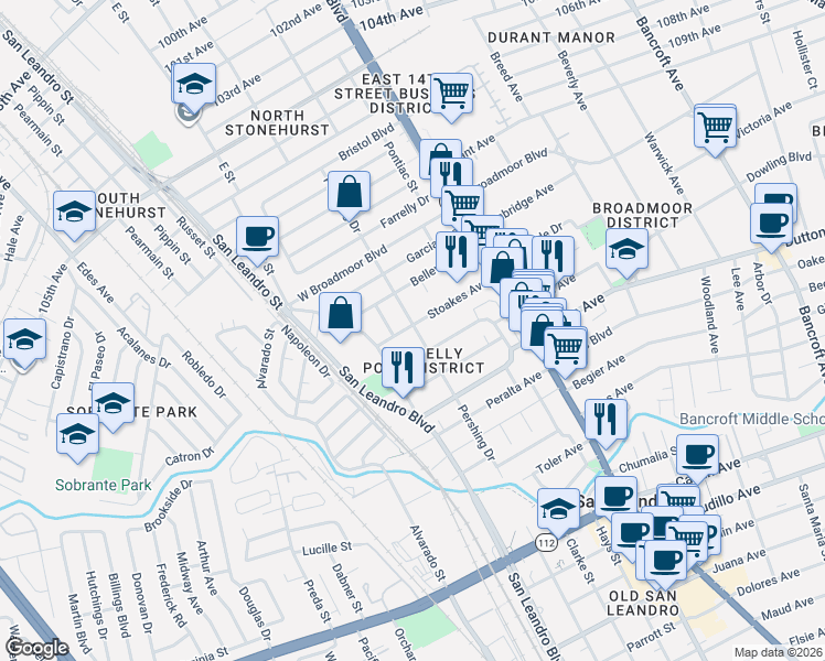 map of restaurants, bars, coffee shops, grocery stores, and more near 440 Pershing Drive in San Leandro