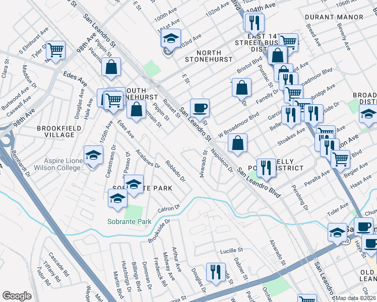 map of restaurants, bars, coffee shops, grocery stores, and more near 210 Accolade Drive in San Leandro