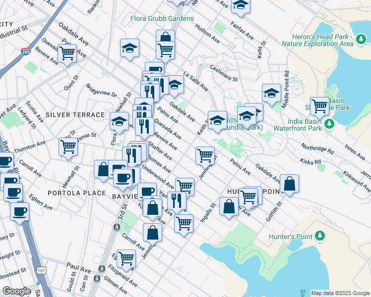 map of restaurants, bars, coffee shops, grocery stores, and more near 1605 Keith Street in San Francisco
