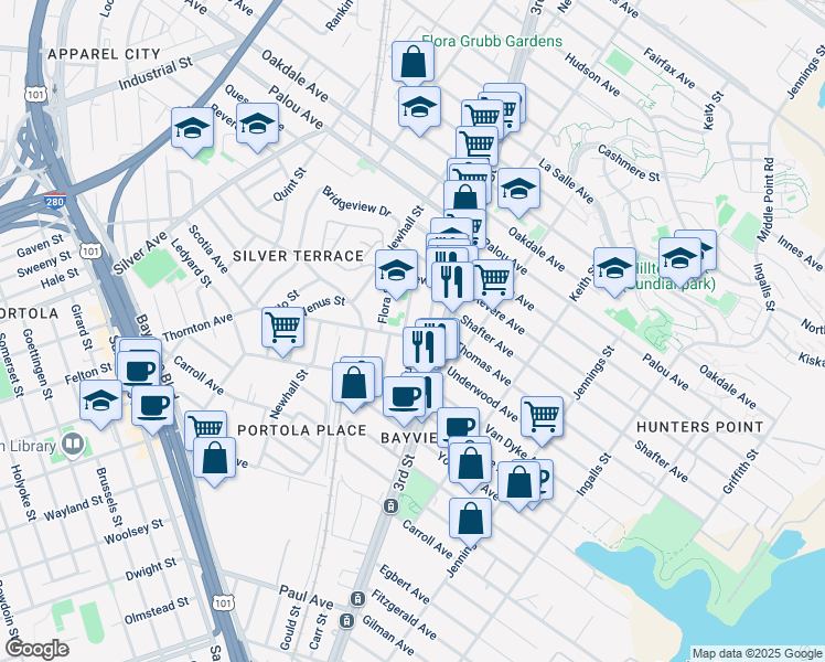 map of restaurants, bars, coffee shops, grocery stores, and more near 15 Ceres Street in San Francisco