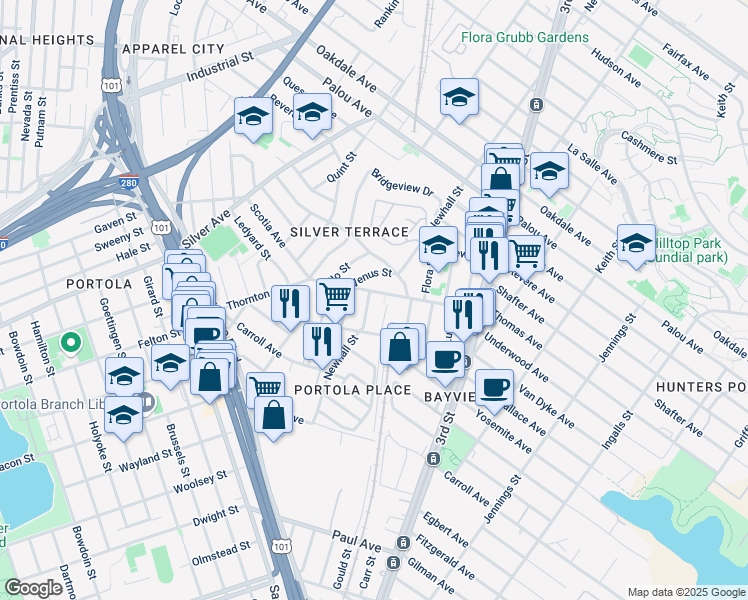 map of restaurants, bars, coffee shops, grocery stores, and more near 4 Neptune Street in San Francisco