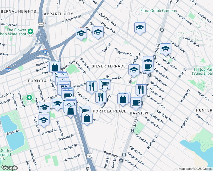 map of restaurants, bars, coffee shops, grocery stores, and more near 143 Apollo Street in San Francisco