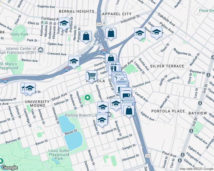map of restaurants, bars, coffee shops, grocery stores, and more near 212 Silliman Street in San Francisco