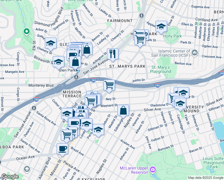 map of restaurants, bars, coffee shops, grocery stores, and more near 4095 Mission Street in San Francisco