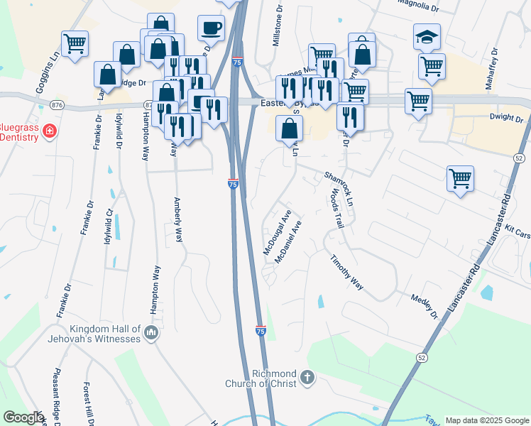 map of restaurants, bars, coffee shops, grocery stores, and more near 184 South Killarney Lane in Richmond