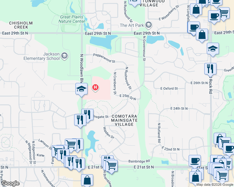 map of restaurants, bars, coffee shops, grocery stores, and more near 6814 East 25th Court North in Wichita