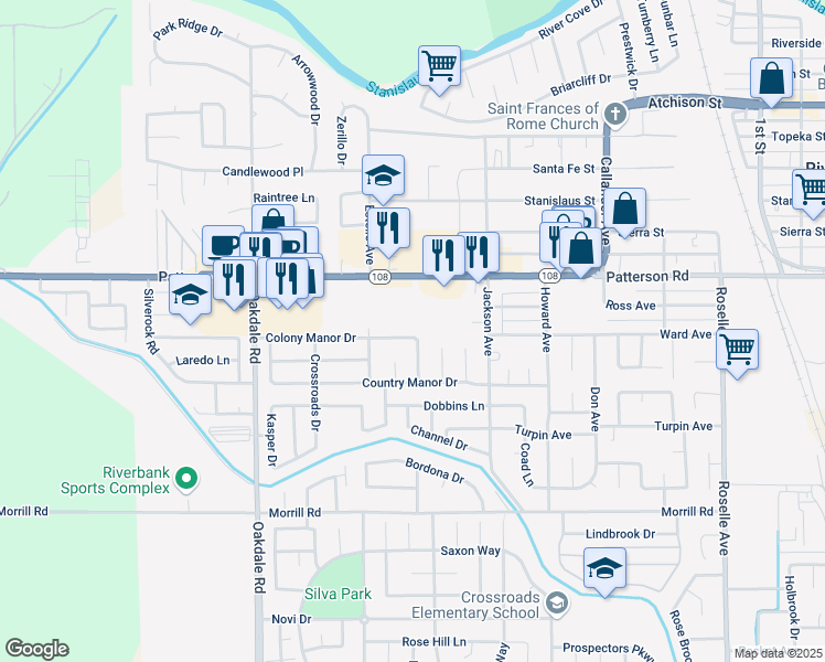 map of restaurants, bars, coffee shops, grocery stores, and more near 2443 Colony Manor Drive in Riverbank
