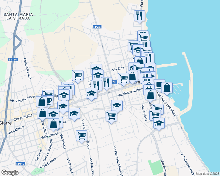map of restaurants, bars, coffee shops, grocery stores, and more near 130 Via Camillo Benso Conte Di Cavour in Riposto