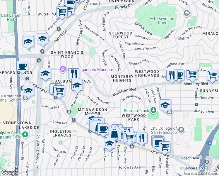 map of restaurants, bars, coffee shops, grocery stores, and more near 130 El Verano Way in San Francisco