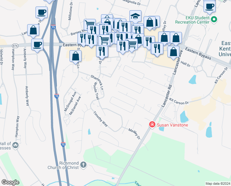 map of restaurants, bars, coffee shops, grocery stores, and more near 1053 Blackwell Court in Richmond
