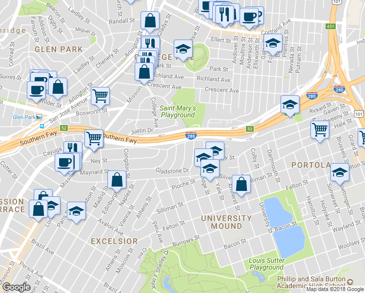 map of restaurants, bars, coffee shops, grocery stores, and more near 10 Stoneyford Avenue in San Francisco